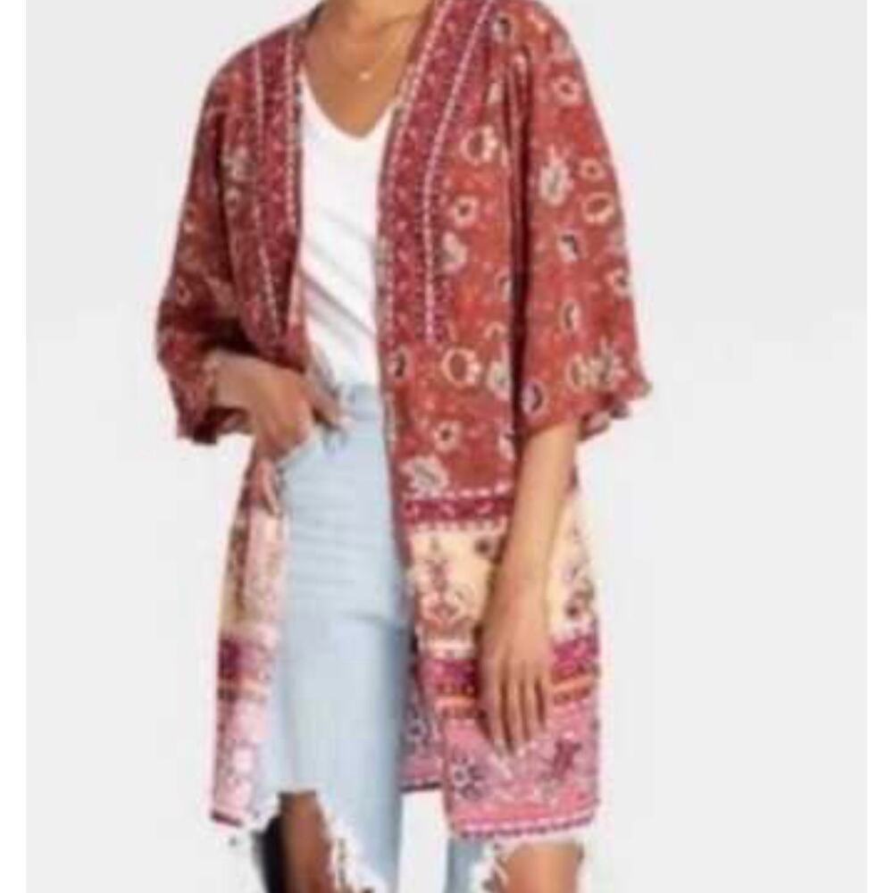 Knox Rose Boho Kimono Duster XL XXL NWT Rust Floral Lightweight Open Front - Picture 9 of 9